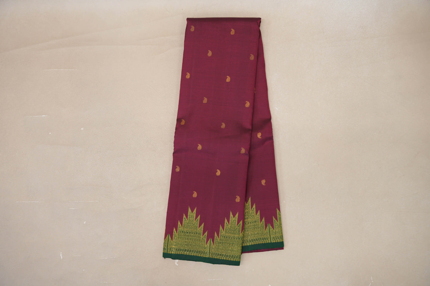 Deep Magenta with Deep Bottle Green Temple Borders Vintage Kanjivaram Silk Saree by Shreenivas Silks PSSR019173