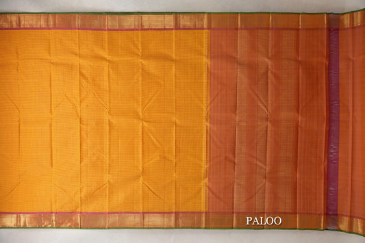 Mango Orange with Magenta Pink Borders with Leaf Green Selvedge Vintage Kanjivaram Silk Saree by Shreenivas Silks PSSR0110284 - Parisera