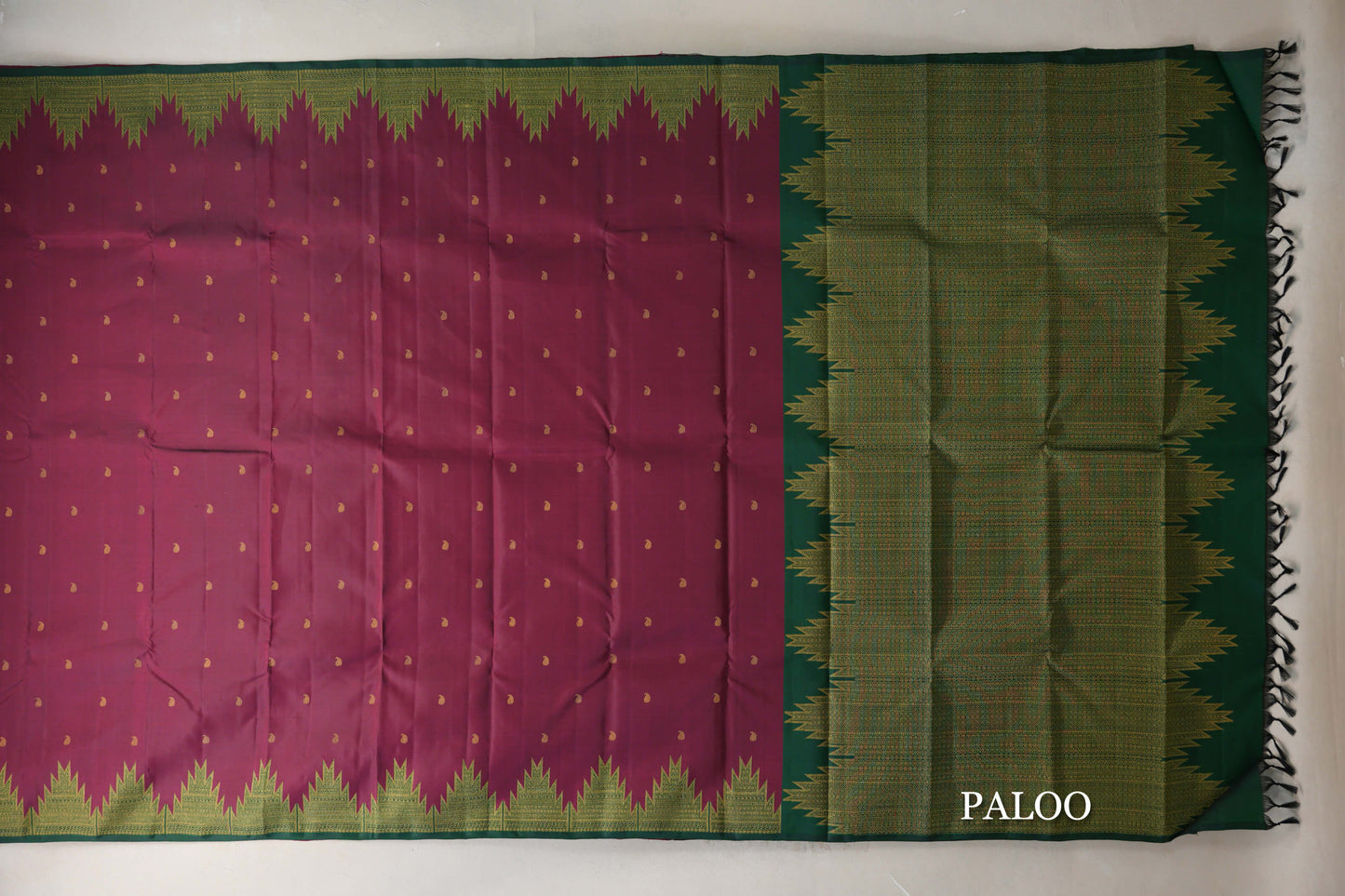 Deep Magenta with Deep Bottle Green Temple Borders Vintage Kanjivaram Silk Saree by Shreenivas Silks PSSR019173