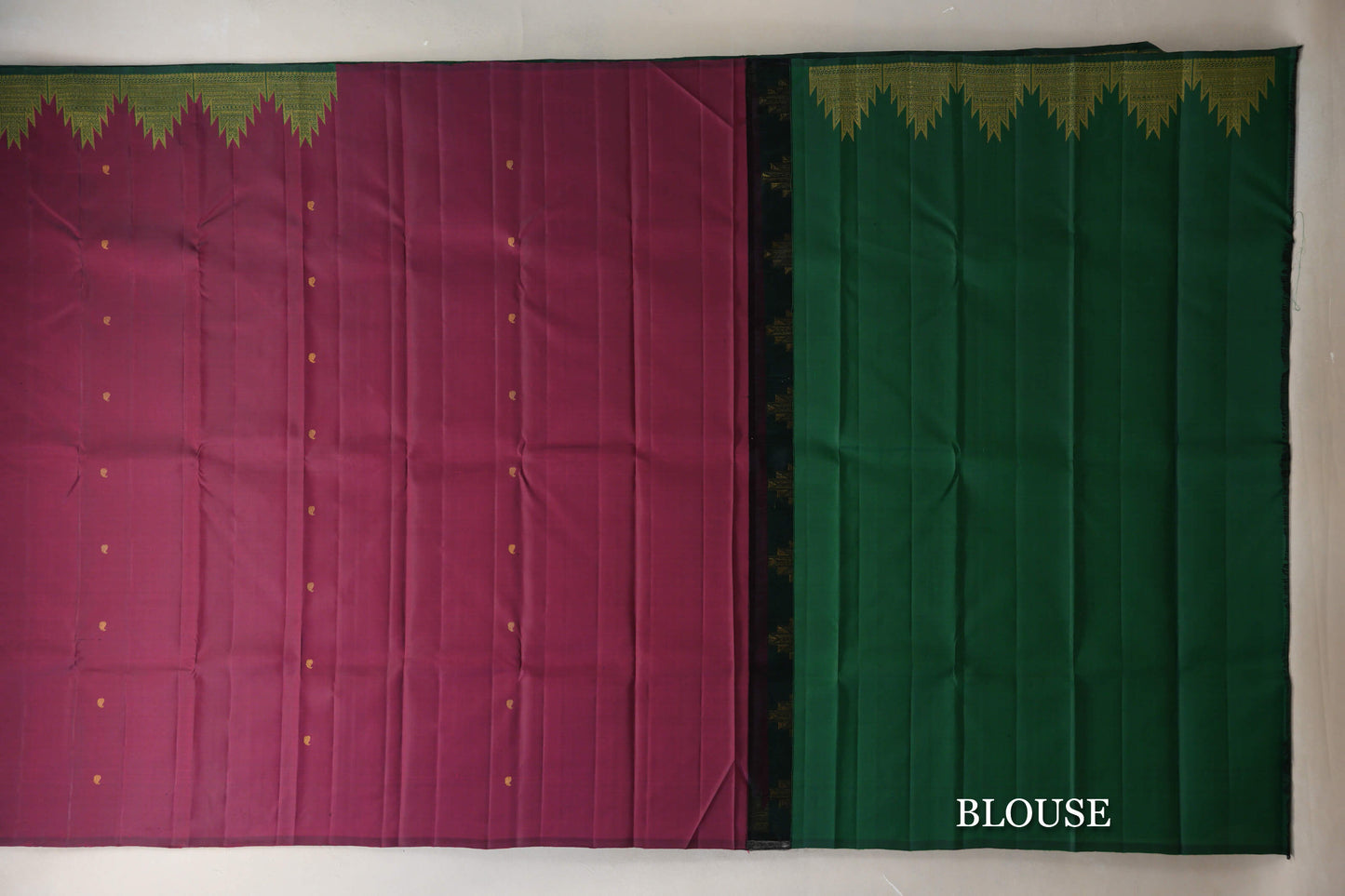 Deep Magenta with Deep Bottle Green Temple Borders Vintage Kanjivaram Silk Saree by Shreenivas Silks PSSR019173