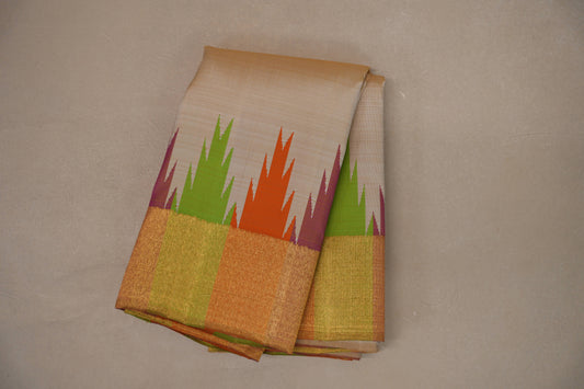 Cream with Multi Color Temple Borders Vintage Kanjivaram Silk Saree