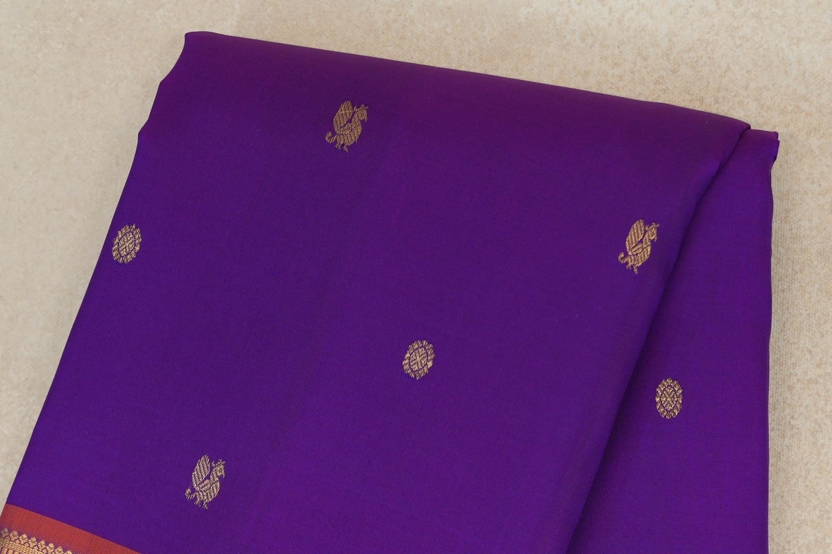 Dark Violet Purple with Deep Orange Borders with Dark Bottle Green Selvedge Vintage Kanjivaram Silk Saree by Shreenivas Silks body