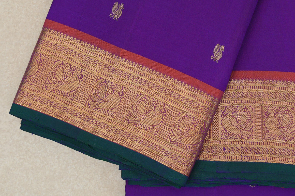 Dark Violet Purple with Deep Orange Borders with Dark Bottle Green Selvedge Vintage Kanjivaram Silk Saree by Shreenivas Silks border