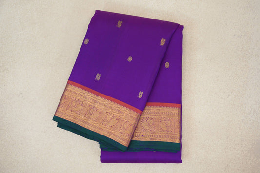 Dark Violet Purple with Deep Orange Borders with Dark Bottle Green Selvedge Vintage Kanjivaram Silk Saree by Shreenivas Silks