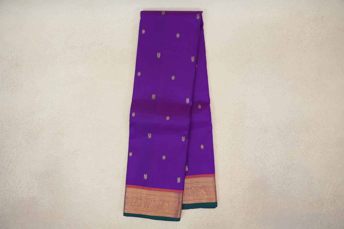 Dark Violet Purple with Deep Orange Borders with Dark Bottle Green Selvedge Vintage Kanjivaram Silk Saree by Shreenivas Silks