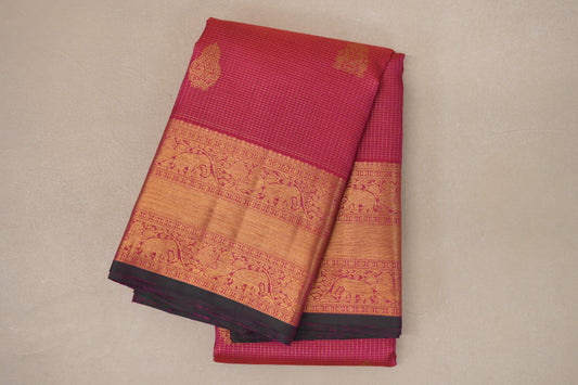 Bright Pink with Small Zari Check Vintage Kanjivaram Silk Saree