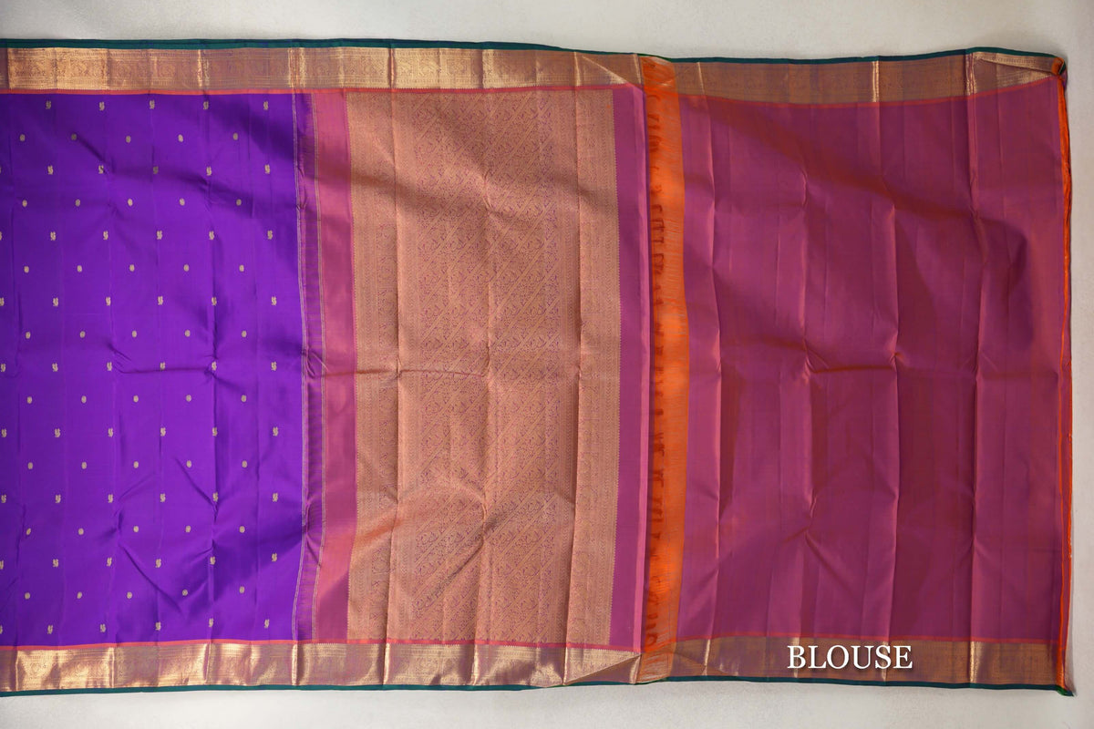 Dark Violet Purple with Deep Orange Borders with Dark Bottle Green Selvedge Vintage Kanjivaram Silk Saree by Shreenivas Silks blouse