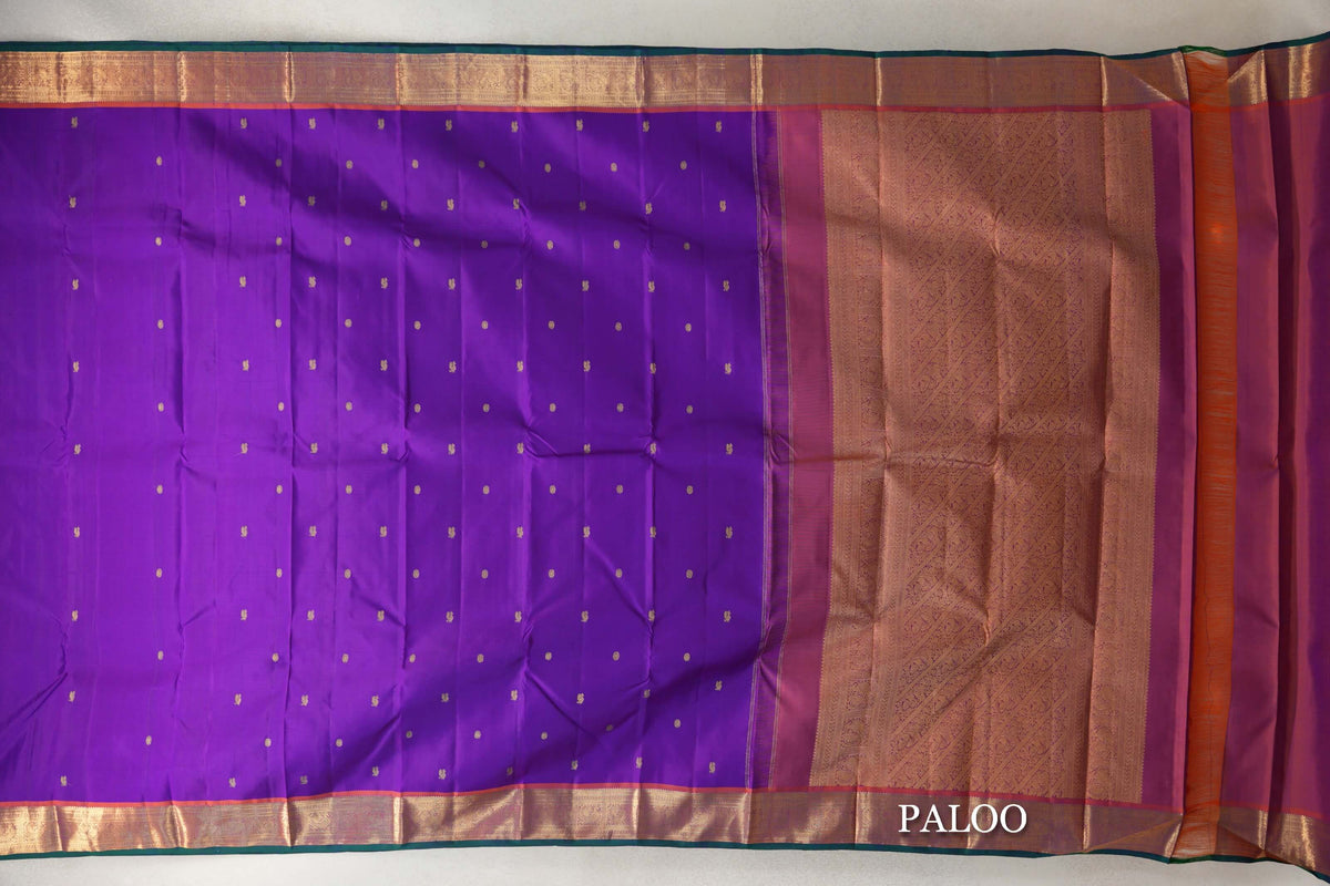Dark Violet Purple with Deep Orange Borders with Dark Bottle Green Selvedge Vintage Kanjivaram Silk Saree by Shreenivas Silks paloo