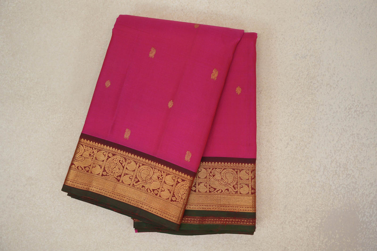 Bright Rani Pink with Deep Maroon Borders with Dark Bottle Green Selvedge Vintage Kanjivaram Silk Saree by Shreenivas Silks 