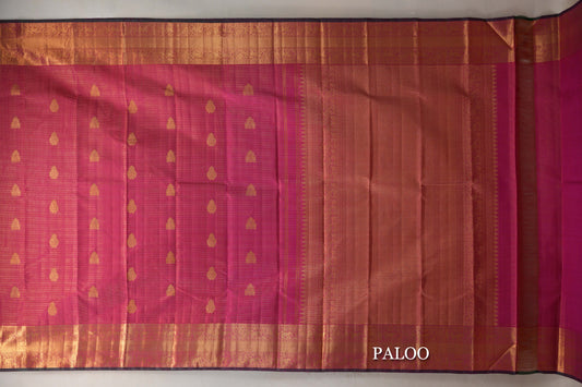 Bright Pink with Small Zari Check Vintage Kanjivaram Silk Saree paloo