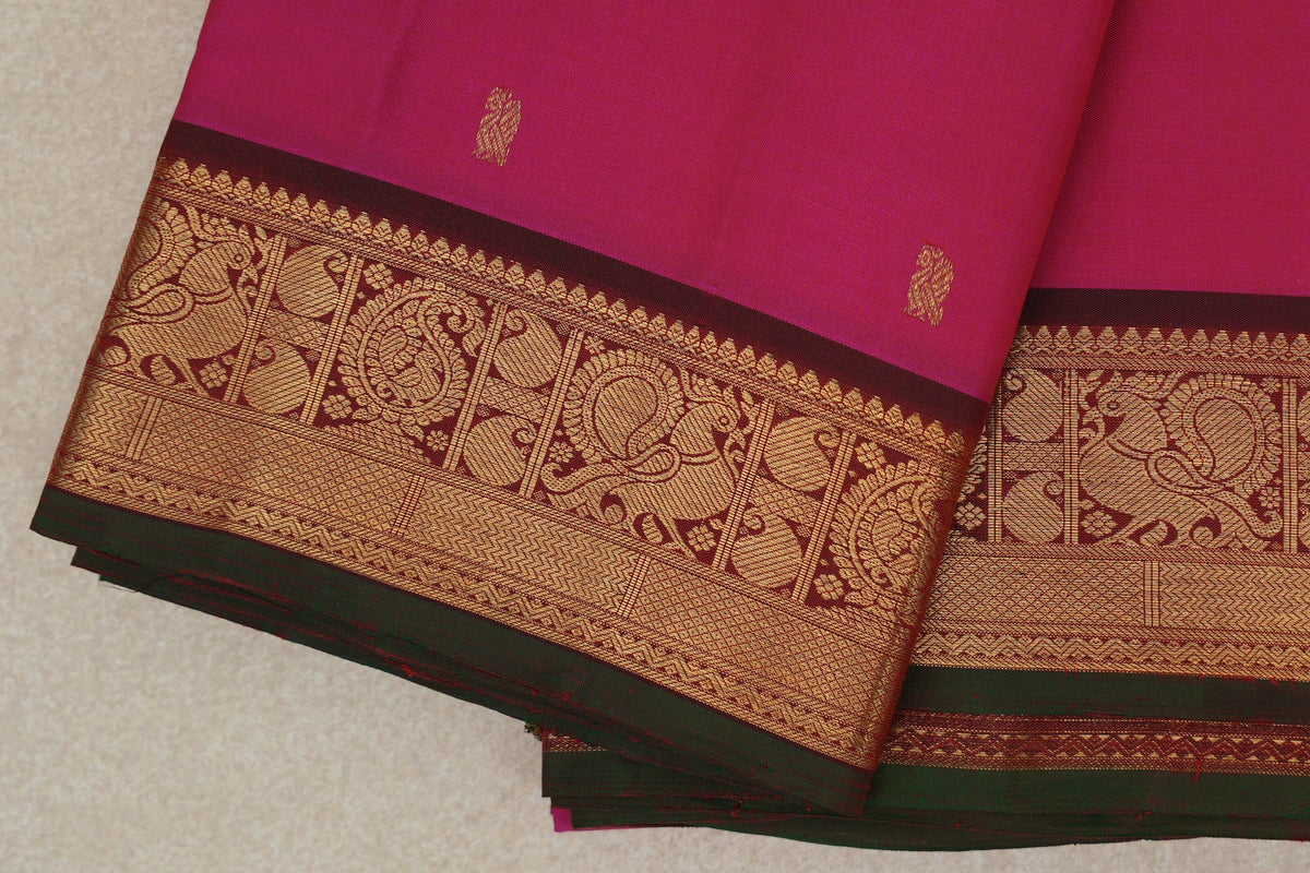 Bright Rani Pink with Deep Maroon Borders with Dark Bottle Green Selvedge Vintage Kanjivaram Silk Saree by Shreenivas Silks  border