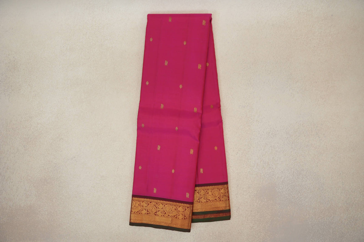 Bright Rani Pink with Deep Maroon Borders with Dark Bottle Green Selvedge Vintage Kanjivaram Silk Saree by Shreenivas Silks 