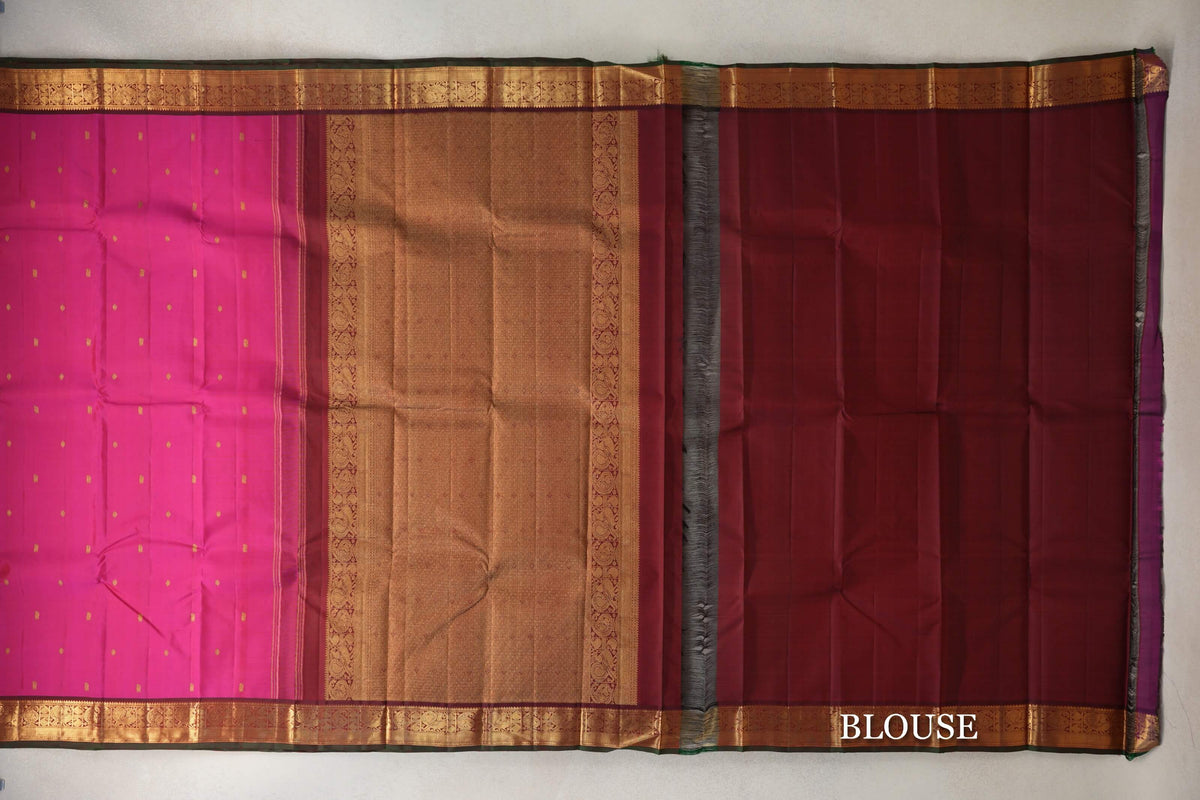 Bright Rani Pink with Deep Maroon Borders with Dark Bottle Green Selvedge Vintage Kanjivaram Silk Saree by Shreenivas Silks  blouse