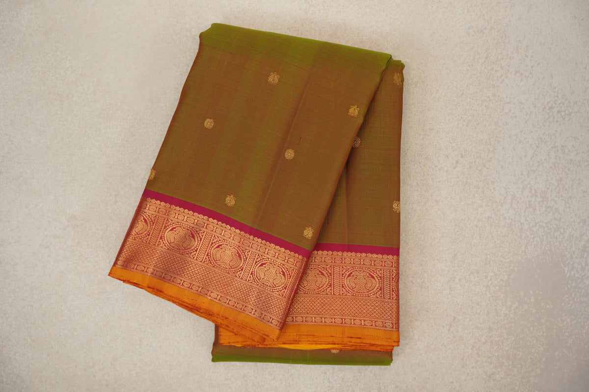 Manthulir with Deep Pink Borders with Mustard Yellow Selvedge Vintage Kanjivaram Silk Saree by Shreenivas Silks 