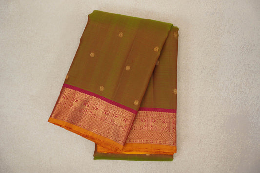 Manthulir with Deep Pink Borders with Mustard Yellow Selvedge Vintage Kanjivaram Silk Saree by Shreenivas Silks 