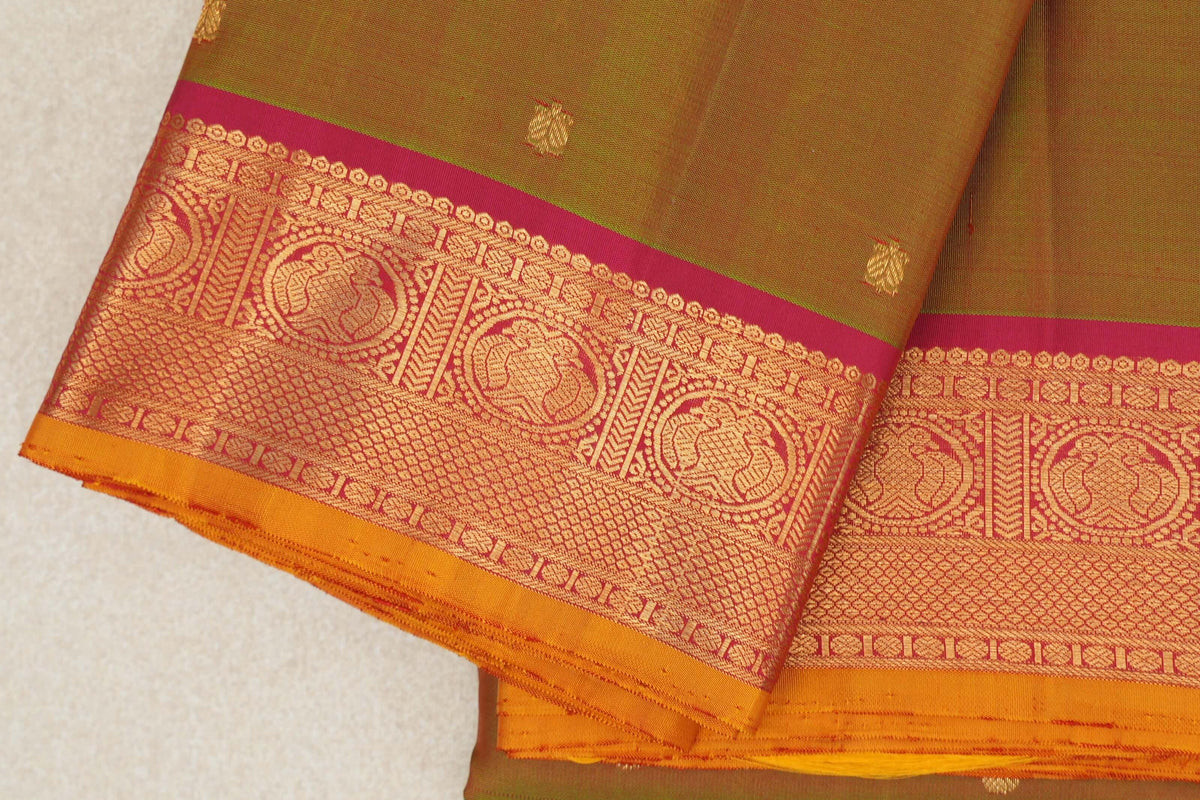 Manthulir with Deep Pink Borders with Mustard Yellow Selvedge Vintage Kanjivaram Silk Saree by Shreenivas Silks  border