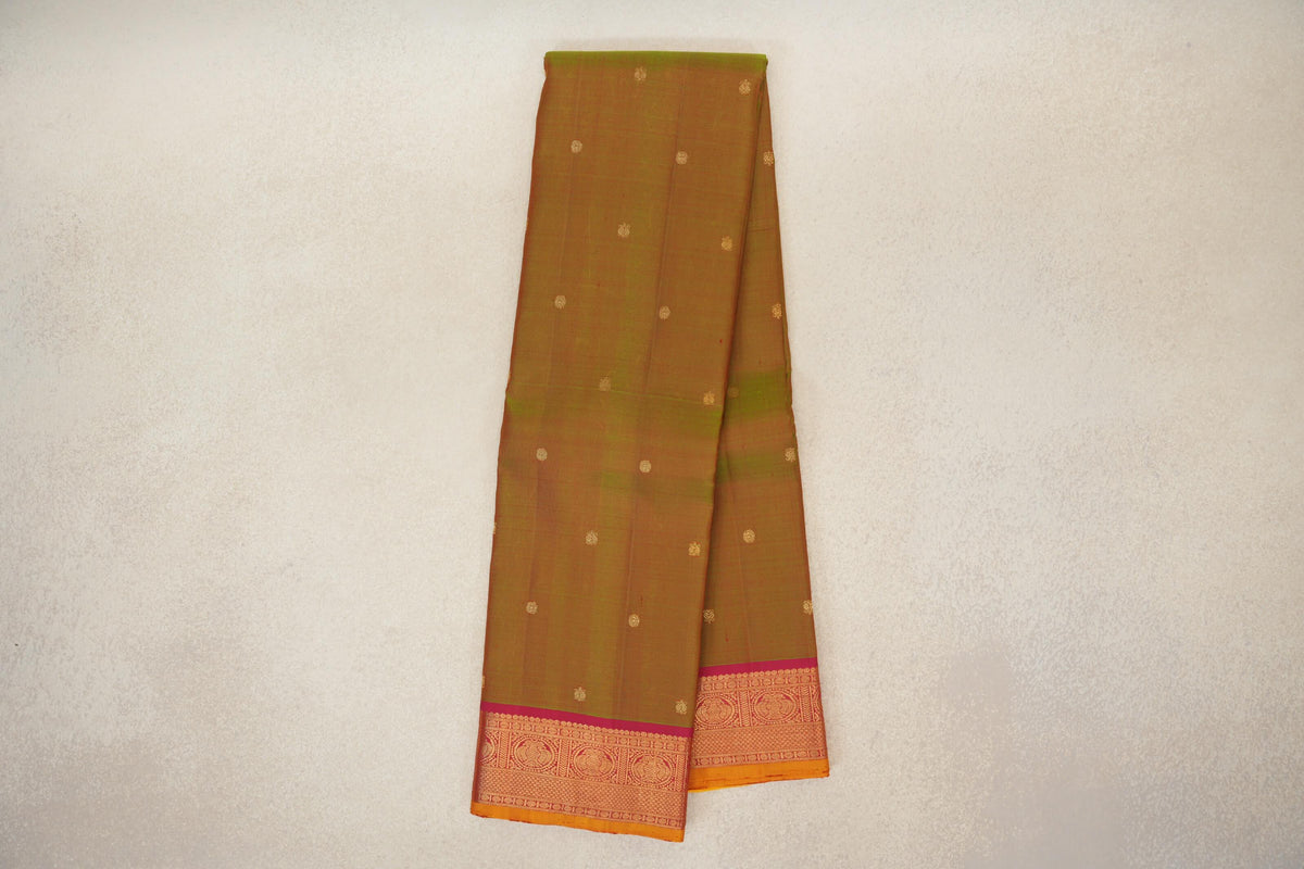 Manthulir with Deep Pink Borders with Mustard Yellow Selvedge Vintage Kanjivaram Silk Saree by Shreenivas Silks 