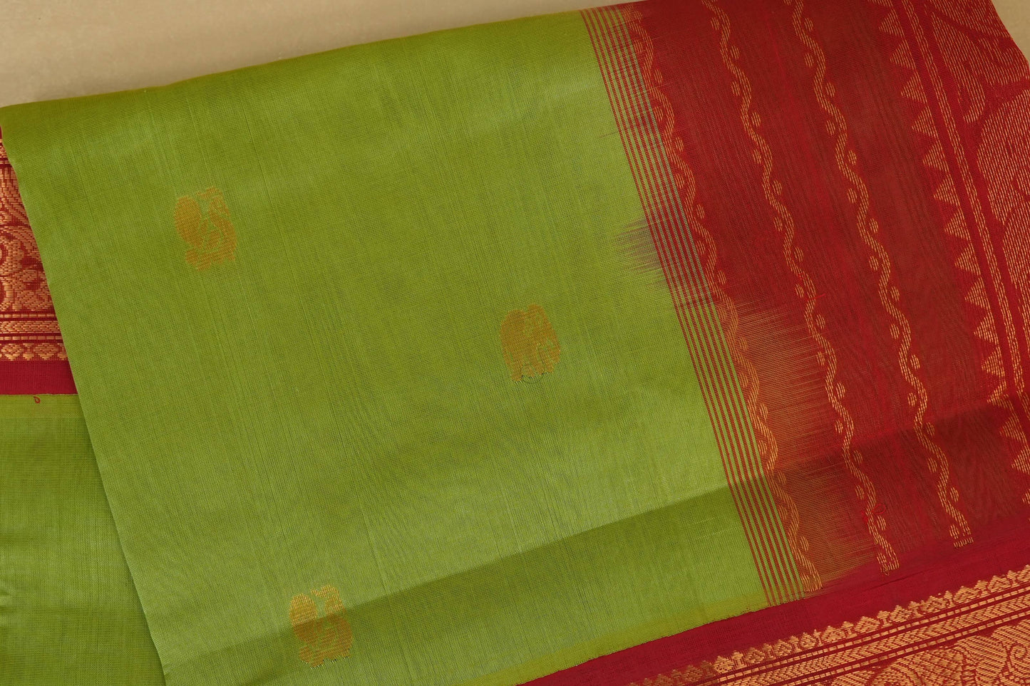 Pista Green with Red Borders Silk Cotton Saree body zoom