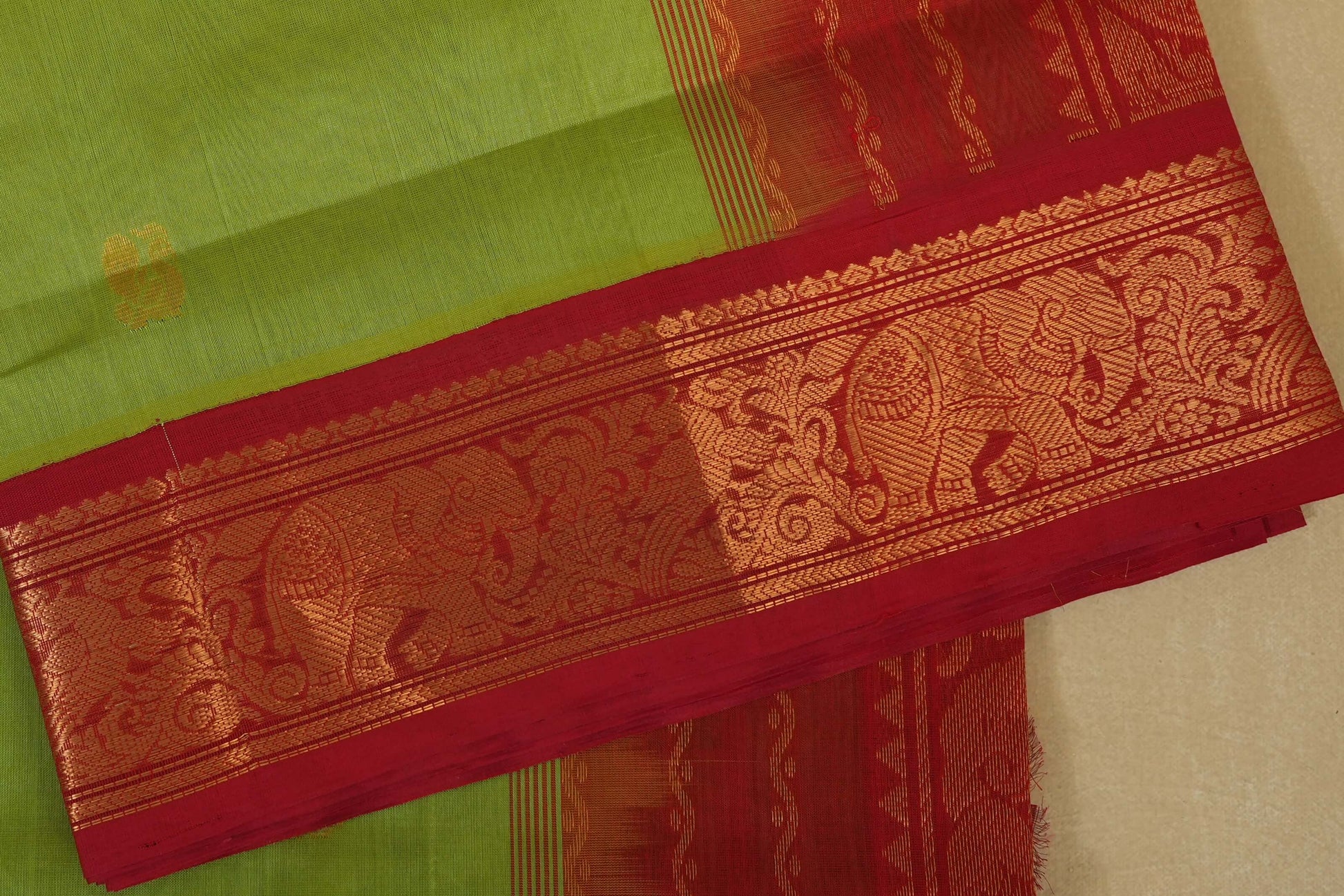 Pista Green with Red Borders Silk Cotton Saree by Shreenivas Silks PSSR018132 - Parisera