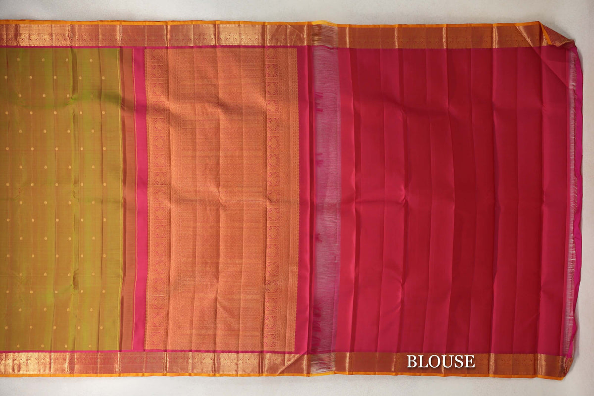 Manthulir with Deep Pink Borders with Mustard Yellow Selvedge Vintage Kanjivaram Silk Saree by Shreenivas Silks  blouse