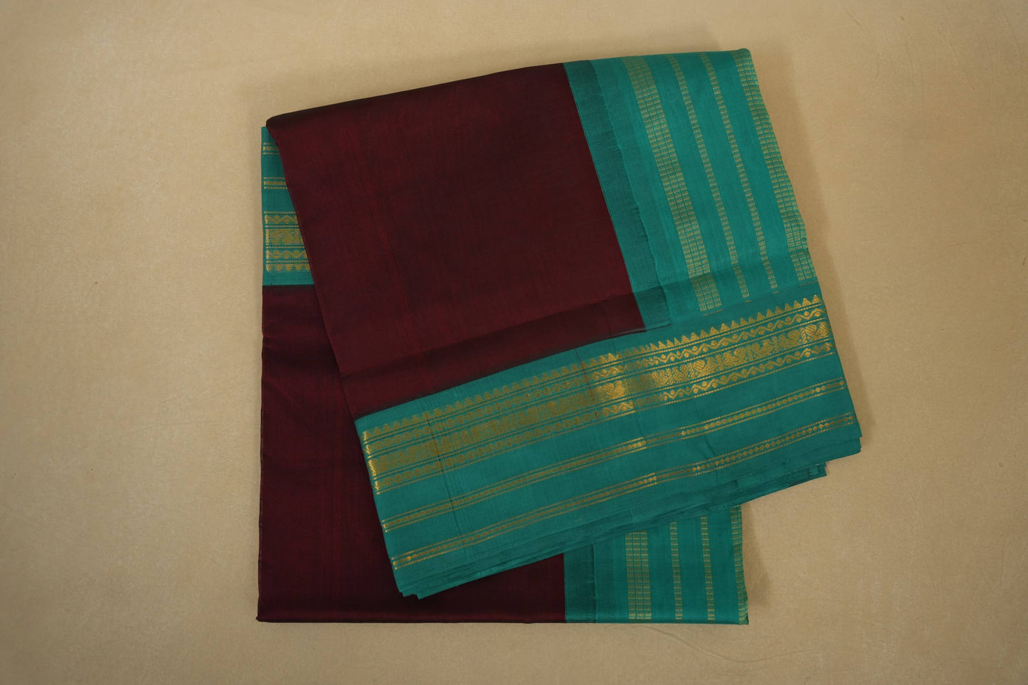 Folded Deep Brown with Rama Blue Borders Silk Cotton Saree