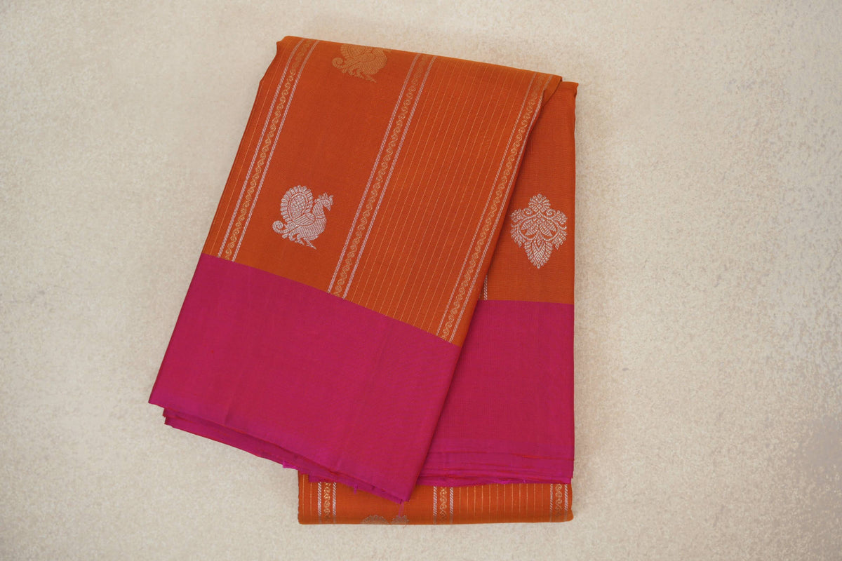 Mango Orange with Bright Pink Borders Vintage Kanjivaram Silk Saree by Shreenivas Silks