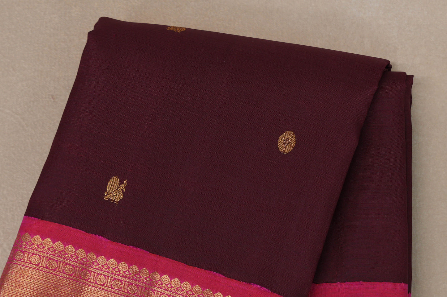 Deep Plum with Bright Pink Borders Vintage Kanjivaram Silk Saree by Shreenivas Silks PSSR019178
