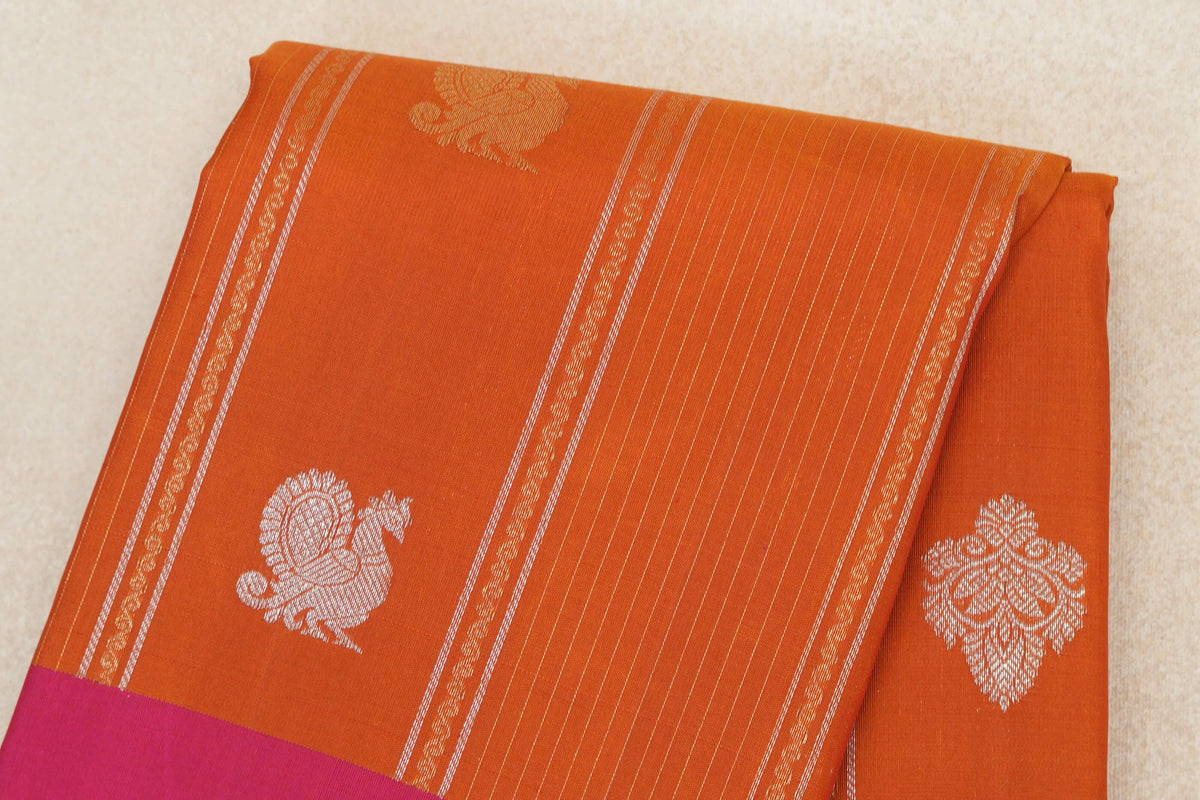 Mango Orange with Bright Pink Borders Vintage Kanjivaram Silk Saree by Shreenivas Silks body