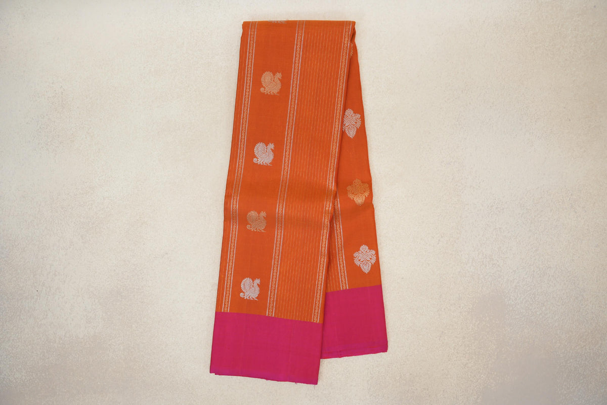 Mango Orange with Bright Pink Borders Vintage Kanjivaram Silk Saree by Shreenivas Silks