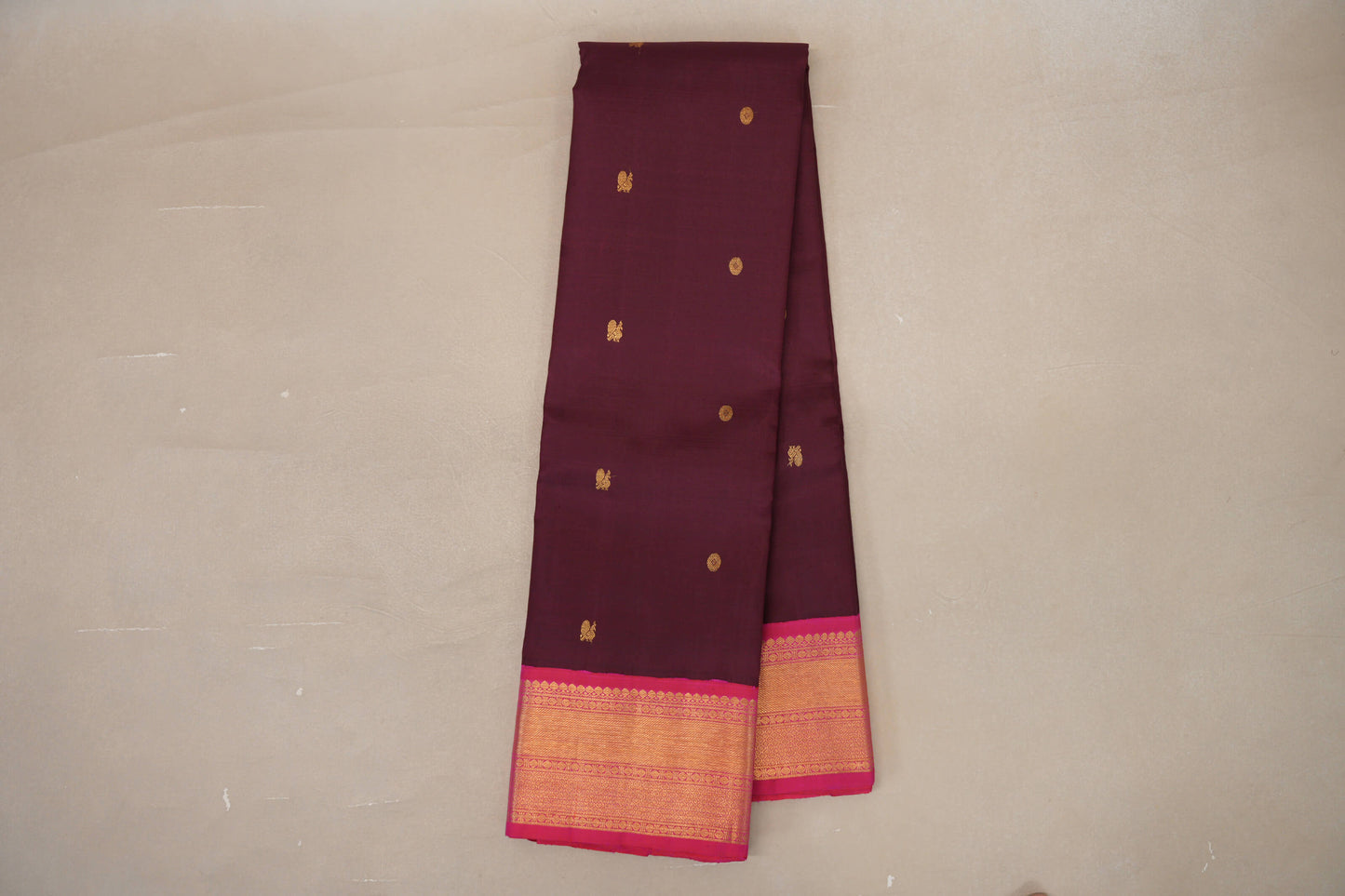 Deep Plum with Bright Pink Borders Vintage Kanjivaram Silk Saree by Shreenivas Silks PSSR019178