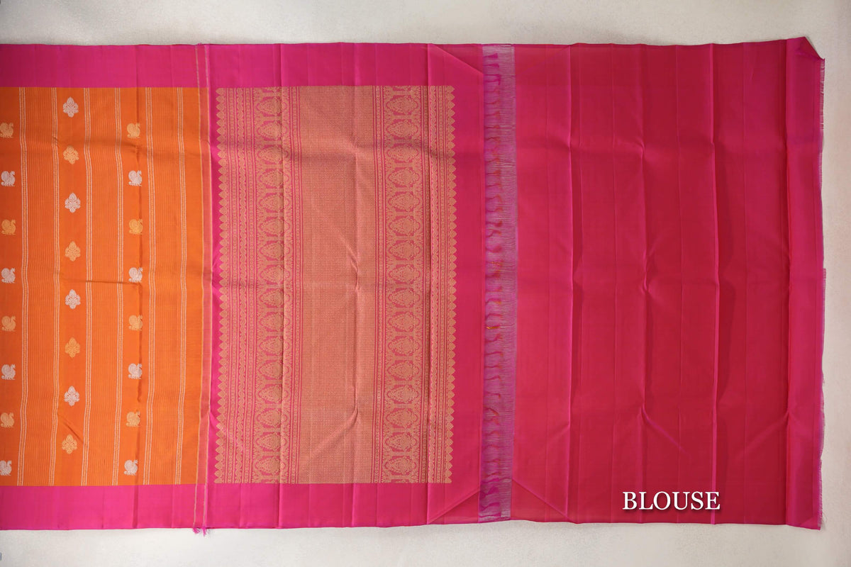 Mango Orange with Bright Pink Borders Vintage Kanjivaram Silk Saree by Shreenivas Silks blouse