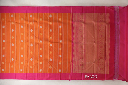 Mango Orange with Bright Pink Borders Vintage Kanjivaram Silk Saree by Shreenivas Silks paloo