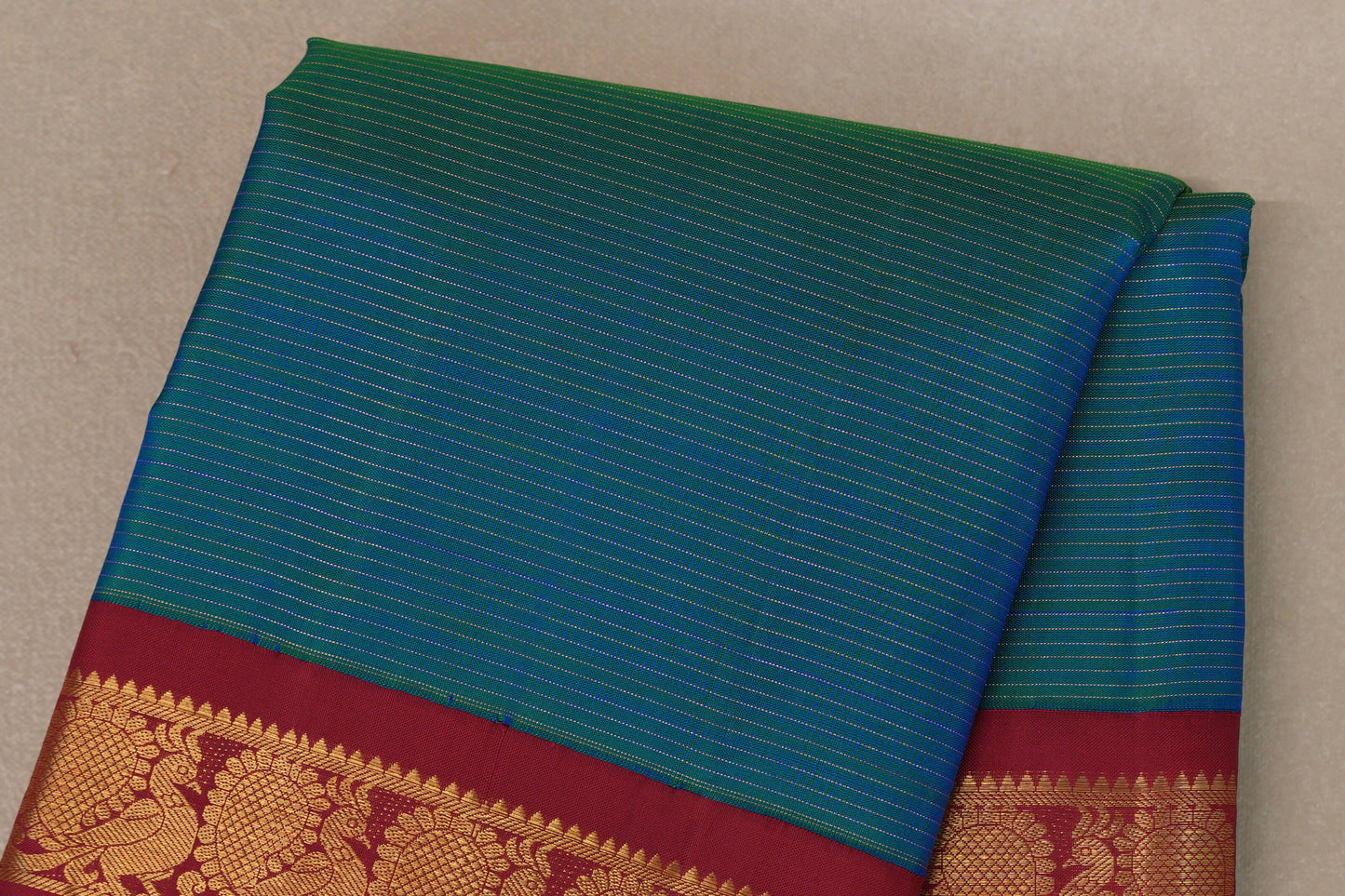 Dual Tone Green and Blue with Red Borders Vintage Kanjivaram Silk Saree by Shreenivas Silks PSSR019179