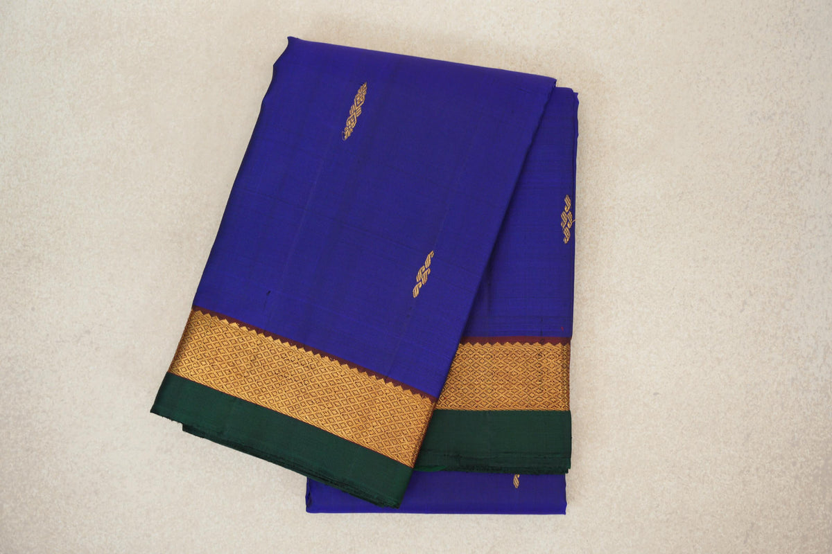 Deep Royal Blue with Deep Wine Maroon Borders with Dark Green Selvedge Vintage Kanjivaram Silk Saree by Shreenivas Silks 