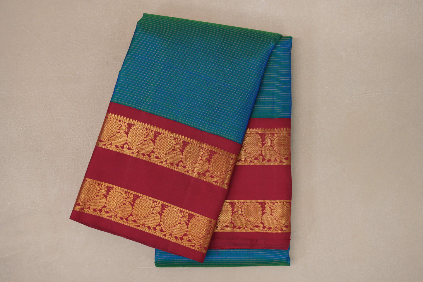 Dual Tone Green and Blue with Red Borders Vintage Kanjivaram Silk Saree by Shreenivas Silks PSSR019179