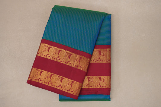 Dual Tone Green and Blue with Red Borders Vintage Kanjivaram Silk Saree