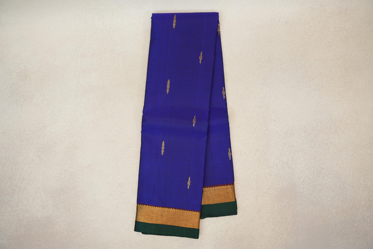 Deep Royal Blue with Deep Wine Maroon Borders with Dark Green Selvedge Vintage Kanjivaram Silk Saree by Shreenivas Silks 