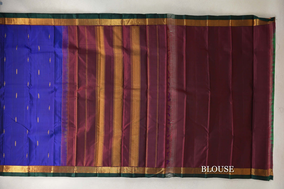 Deep Royal Blue with Deep Wine Maroon Borders with Dark Green Selvedge Vintage Kanjivaram Silk Saree by Shreenivas Silks  blouse
