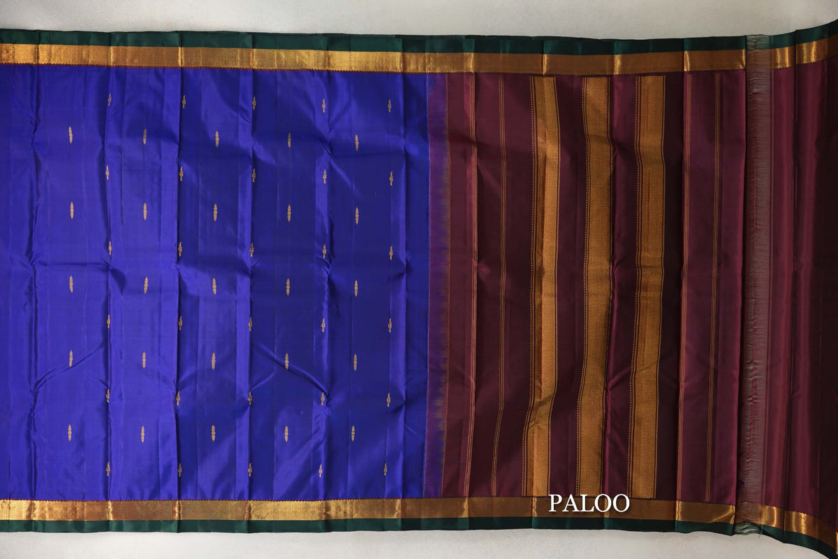 Deep Royal Blue with Deep Wine Maroon Borders with Dark Green Selvedge Vintage Kanjivaram Silk Saree by Shreenivas Silks paloo