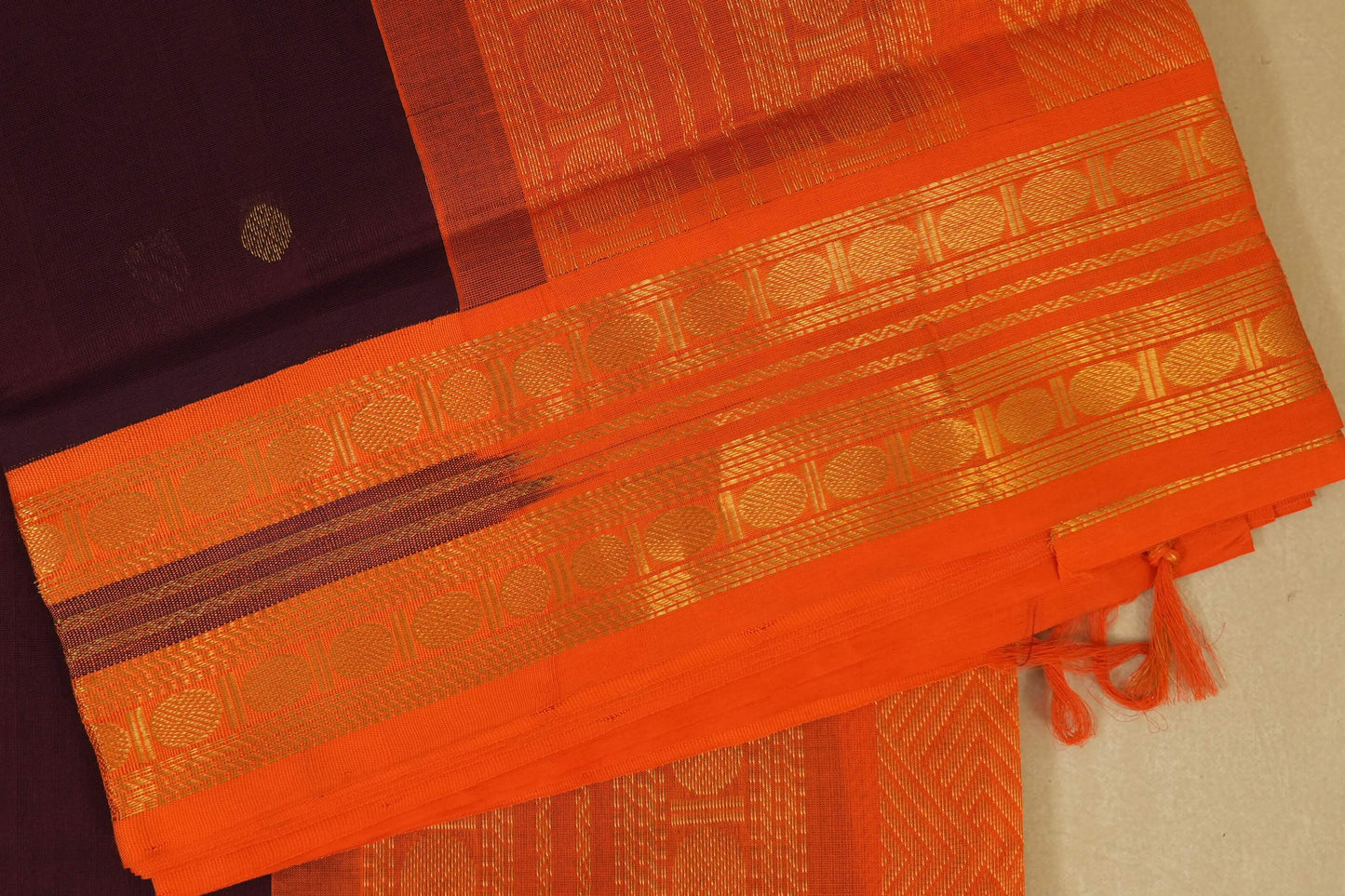 Deep Brown with Orange Borders Silk Cotton Saree  border zoom