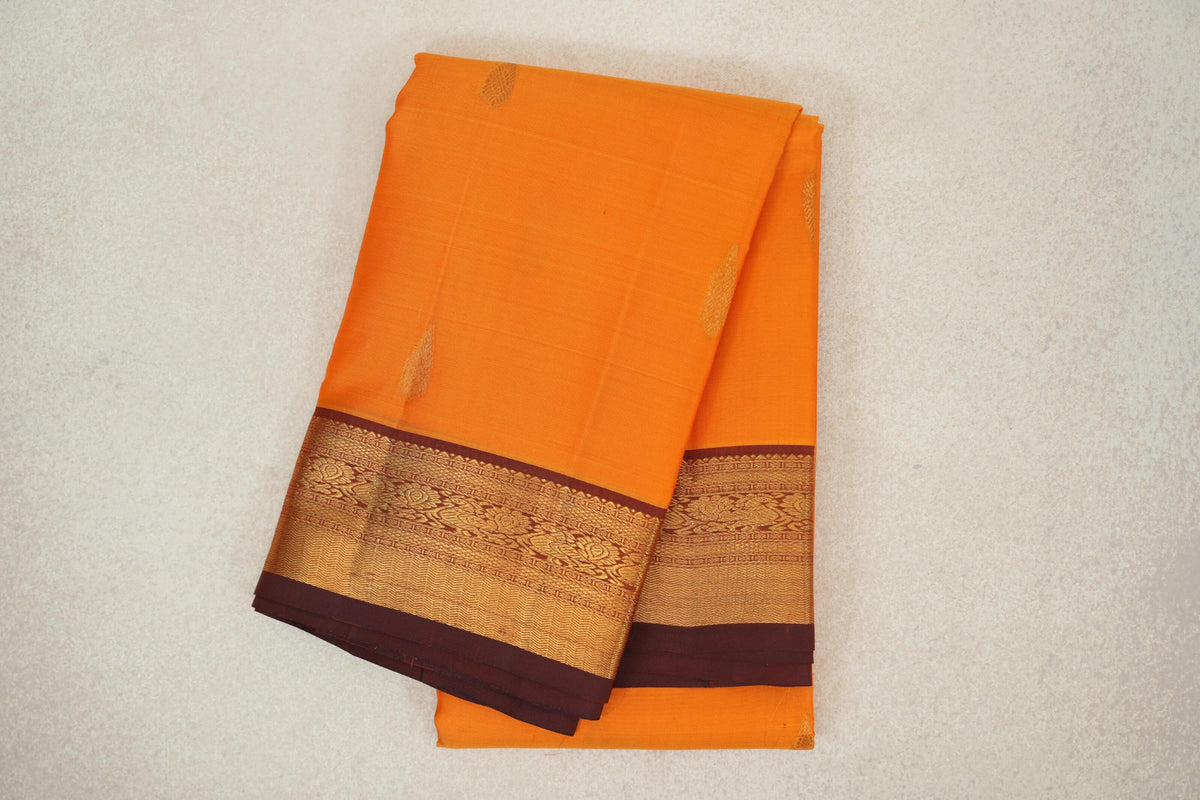 Bright Mango Orange with Deep Rust Maroon Borders Vintage Kanjivaram Silk Saree by Shreenivas Silks