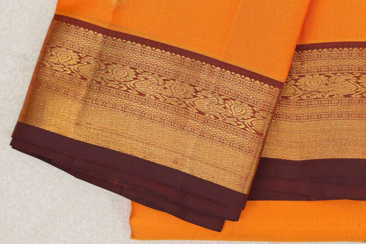 Bright Mango Orange with Deep Rust Maroon Borders Vintage Kanjivaram Silk Saree by Shreenivas Silks border