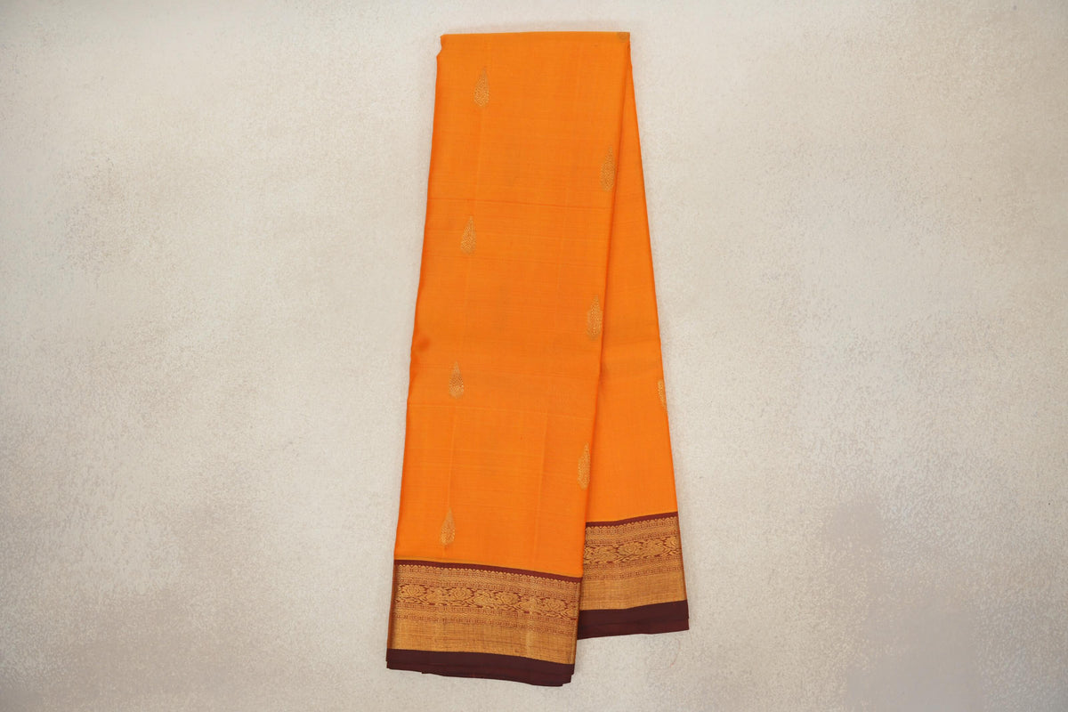 Bright Mango Orange with Deep Rust Maroon Borders Vintage Kanjivaram Silk Saree by Shreenivas Silks