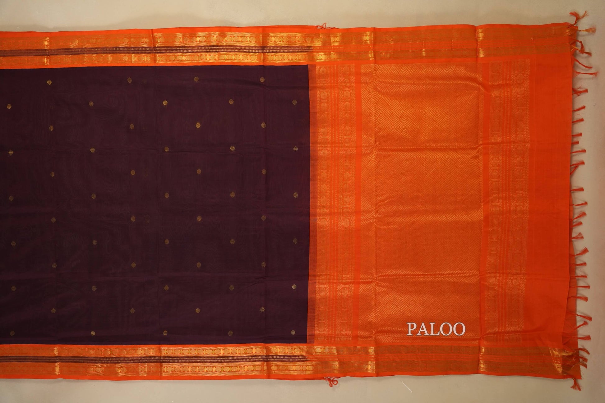 Deep Brown with Orange Borders Silk Cotton Saree Paloo