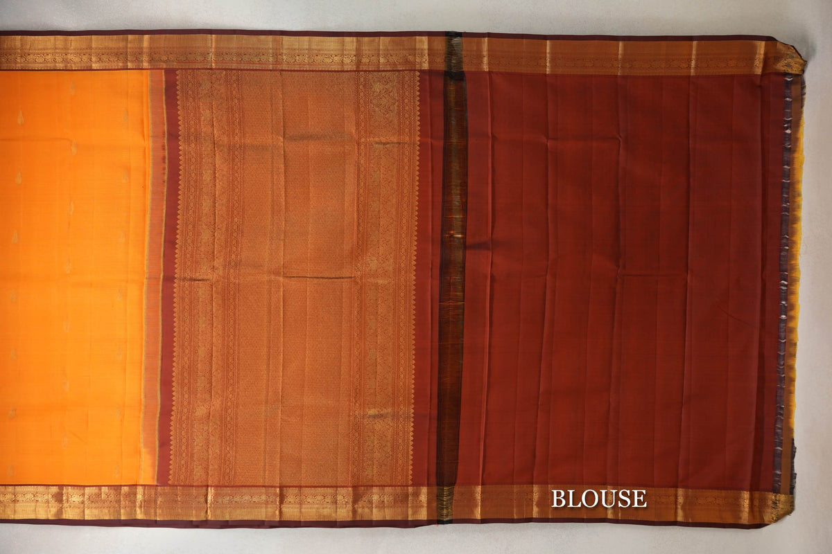 Bright Mango Orange with Deep Rust Maroon Borders Vintage Kanjivaram Silk Saree by Shreenivas Silks blouse