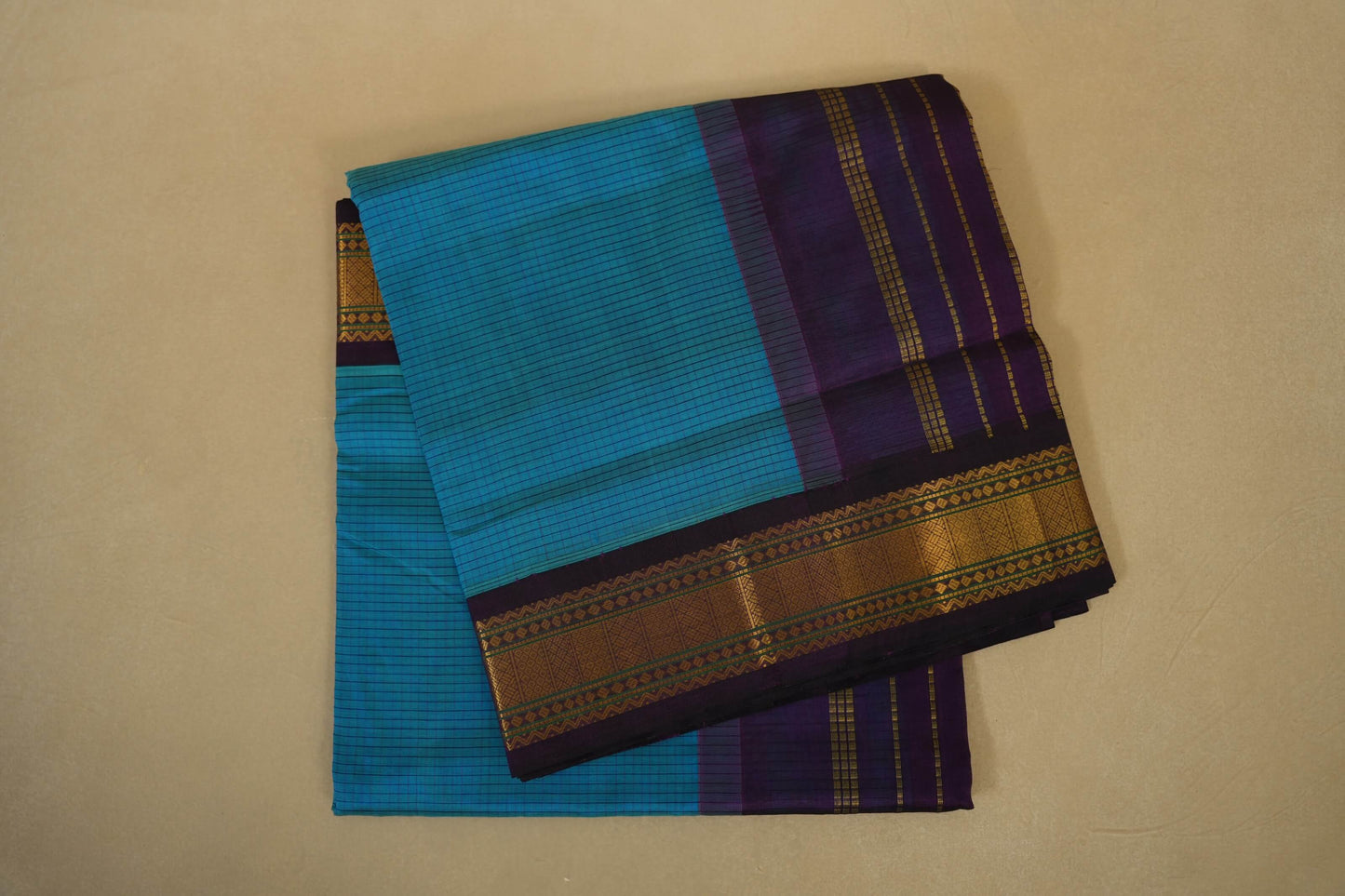 Folded Dark Rama Blue with Purple Borders Silk Cotton Saree 
