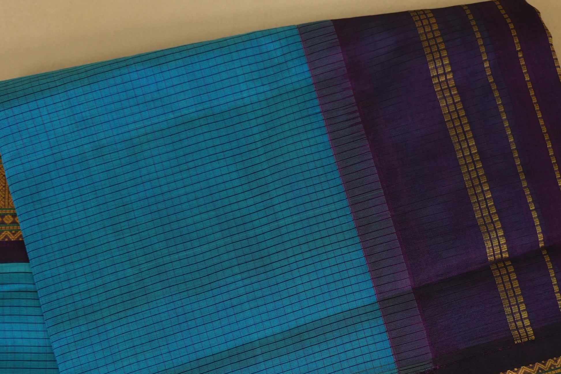 Dark Rama Blue with Purple Borders Silk Cotton Saree body zoom