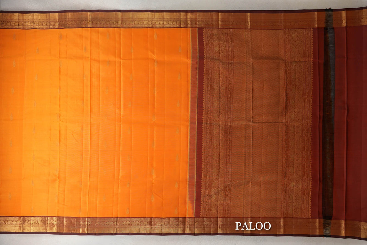 Bright Mango Orange with Deep Rust Maroon Borders Vintage Kanjivaram Silk Saree by Shreenivas Silks paloo