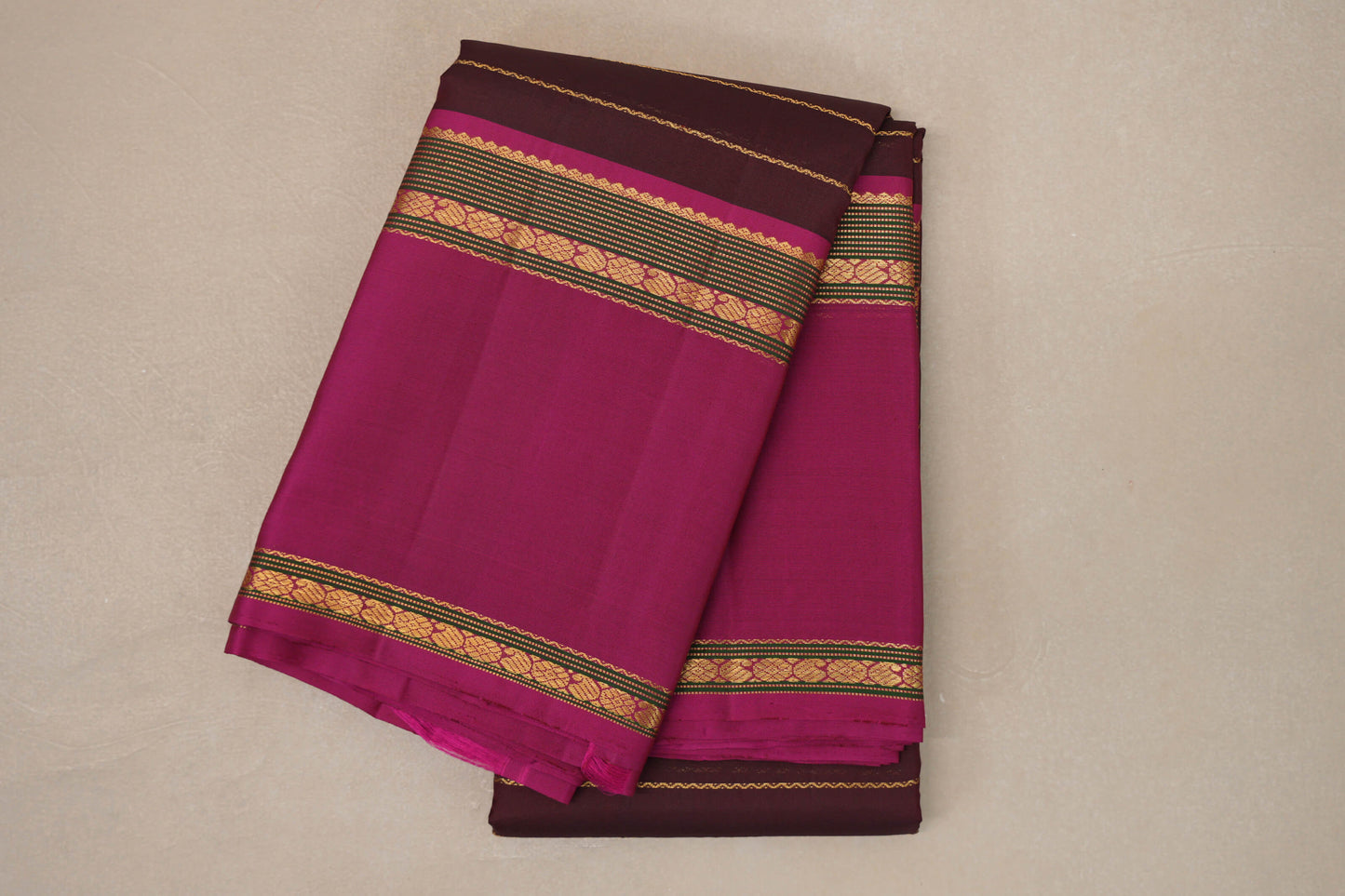 Dark Maroon with Deep Pink Rettai Pettu Borders Vintage Kanjivaram Silk Saree by Shreenivas Silks PSSR019181