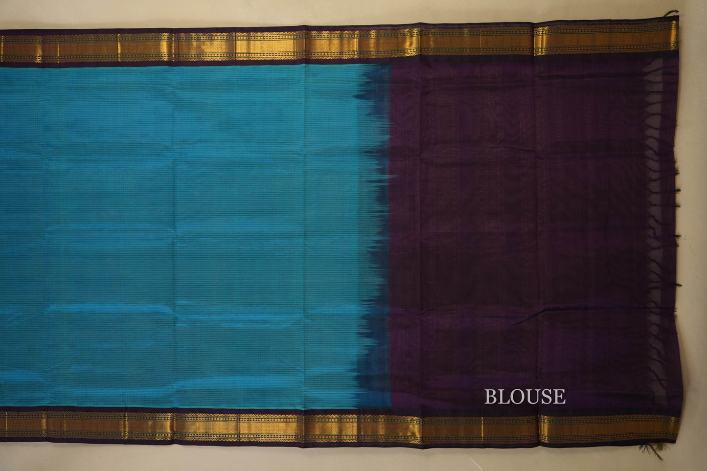 Dark Rama Blue with Purple Borders Silk Cotton Saree Blouse